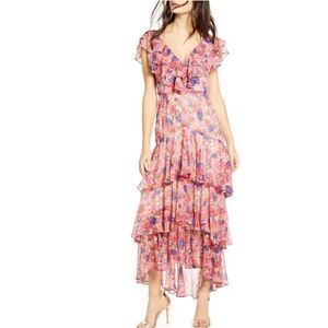 Wayf Pink and Purple Floral Tiered Ruffle dress